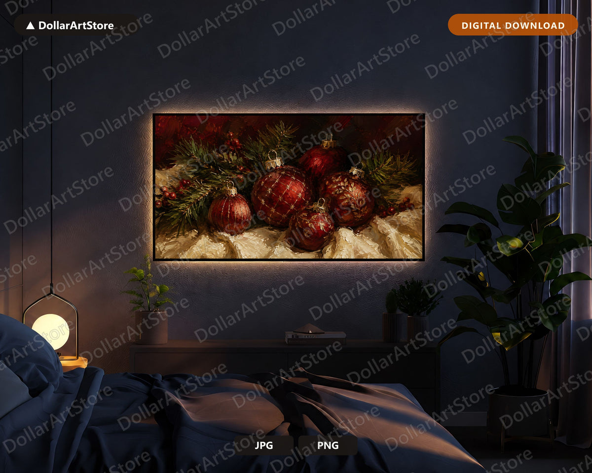 Cozy Holiday Christmas Frame TV Art, Red Gold Ornaments, Samsung Frame TV 4K Digital Download