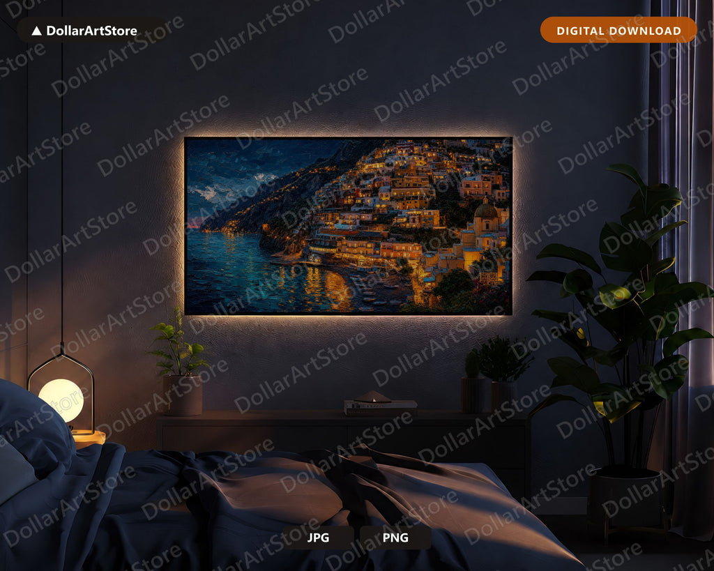 Cozy Amalfi Dusk Frame TV Art, Samsung Frame TV Digital Download, 4K Textured Coastal Scenery