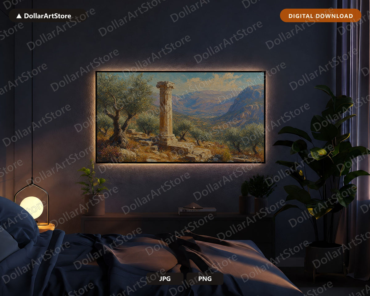 Cozy Scenic Frame TV Art, Ancient Greek Temple Ruins, Samsung Frame TV Digital Download, 4K Textured Landscape Screensaver