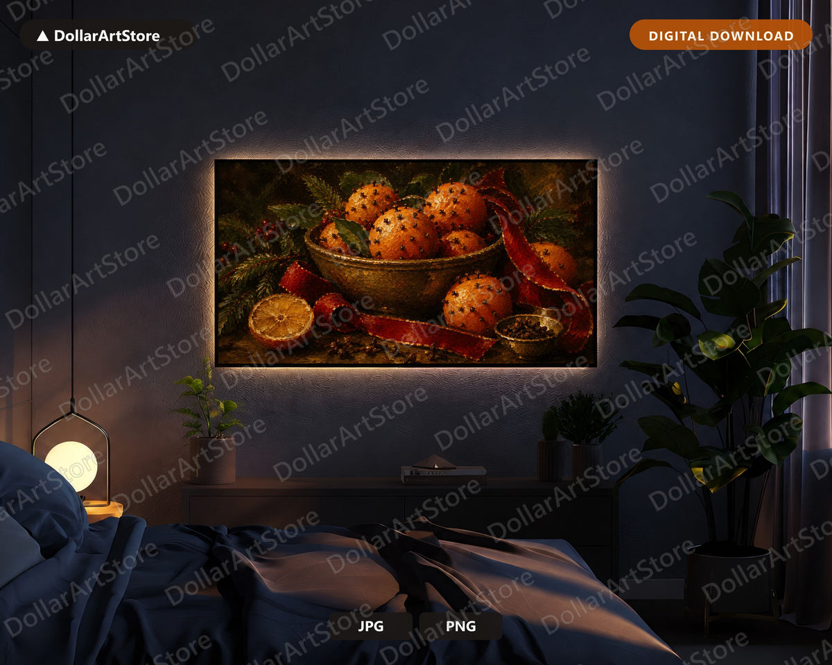 Cozy Holiday Frame TV Art, Christmas Oranges & Cloves Samsung TV Digital Download, 4K Textured Festive Screensaver Art