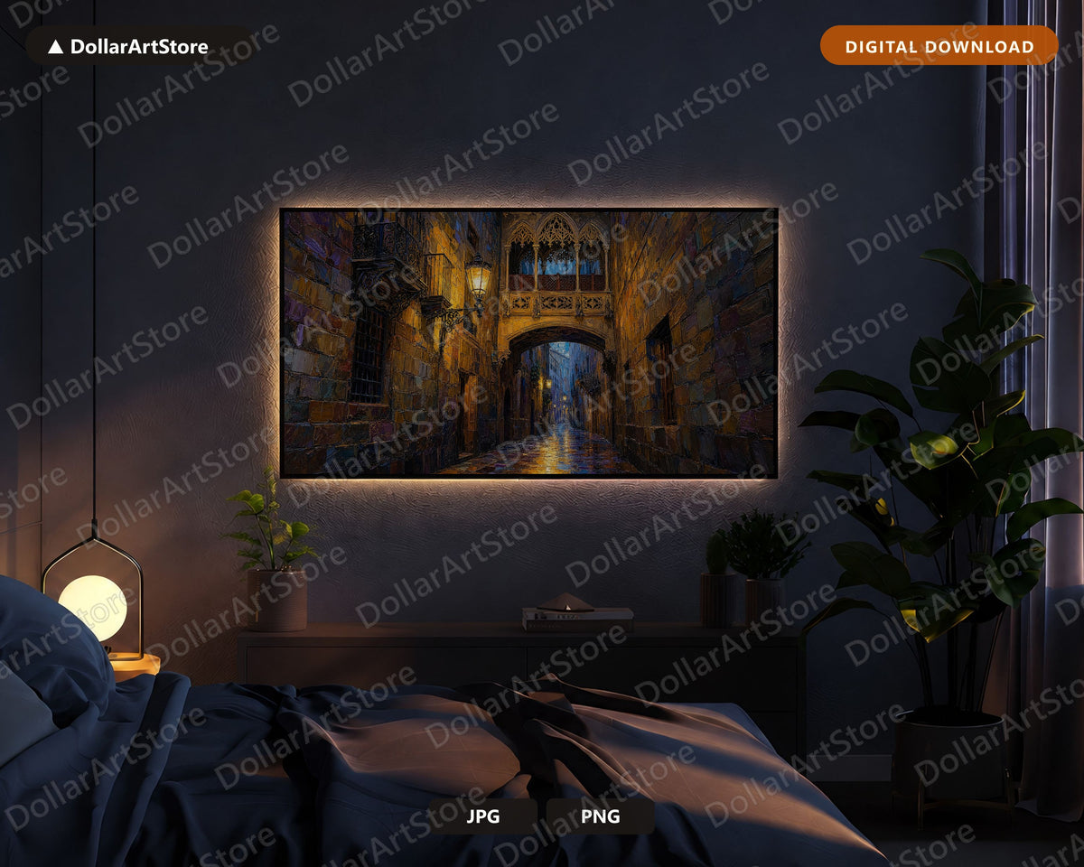 Moody Gothic Alley Frame TV Art, Barcelona Street Samsung Frame Digital Download, Dark Textured 4K TV Screensaver