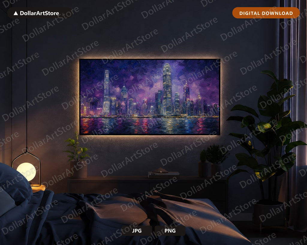Cozy Purple City Skyline Frame TV Art, Samsung Frame TV Digital Download, 4K Textured Urban Screensaver Art
