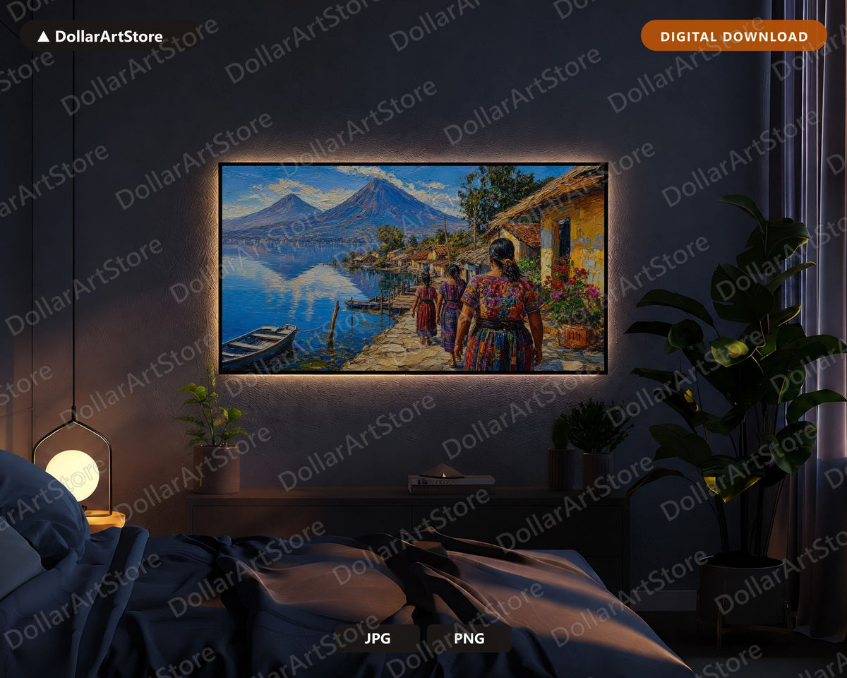 Cozy Lake Village Frame TV Art, Samsung Frame TV Digital Download, 4K Scenic Landscape Screensaver