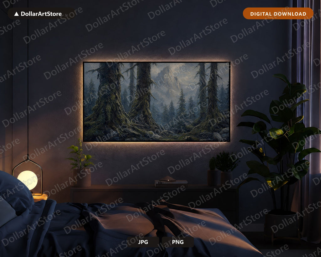 Cozy Dark Forest Frame TV Art, Samsung Frame TV Digital Download, Moody Mountain Scenery 4K