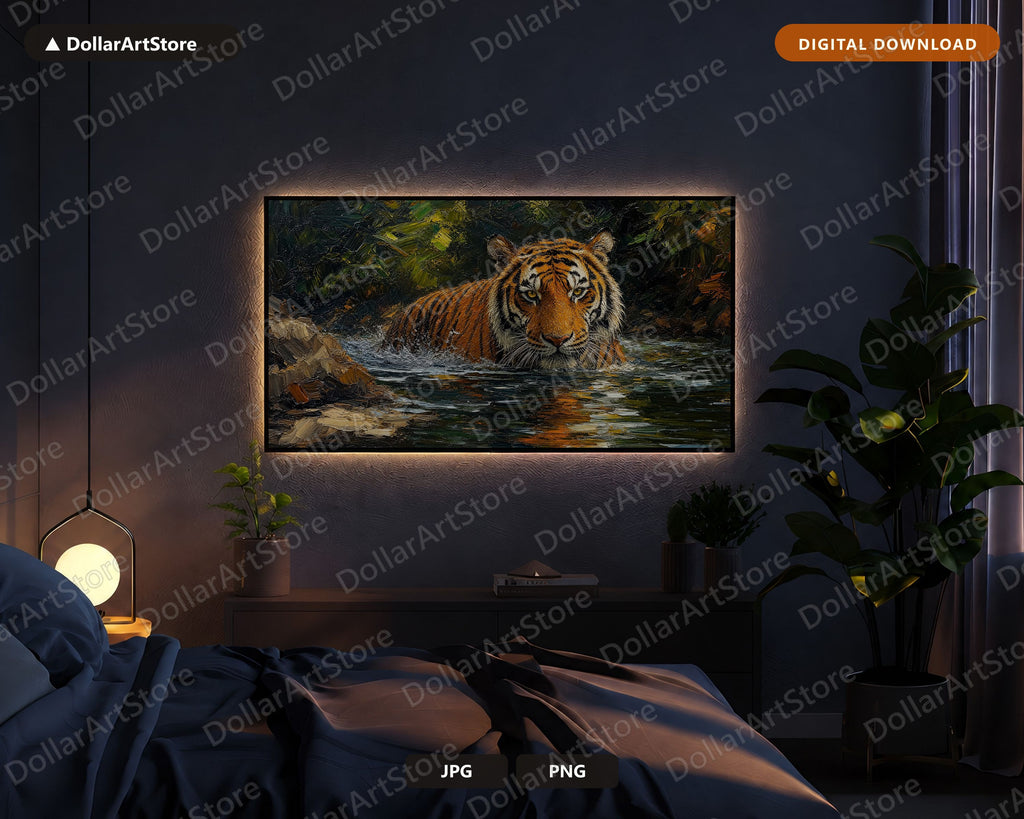 Cozy Tiger in Water Frame TV Art, Samsung Frame Digital Download, 4K Textured Wildlife Screensaver