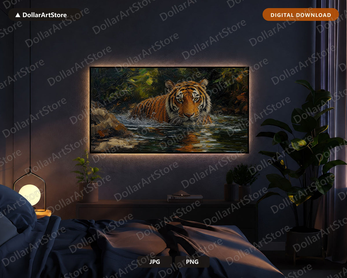 Cozy Tiger in Water Frame TV Art, Samsung Frame Digital Download, 4K Textured Wildlife Screensaver