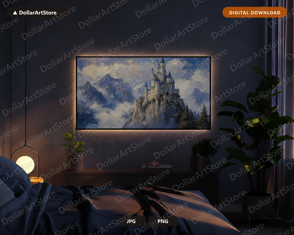 Cozy Castle Landscape Frame TV Art, Samsung Frame TV Digital Download, 4K Textured Mountain Scenery