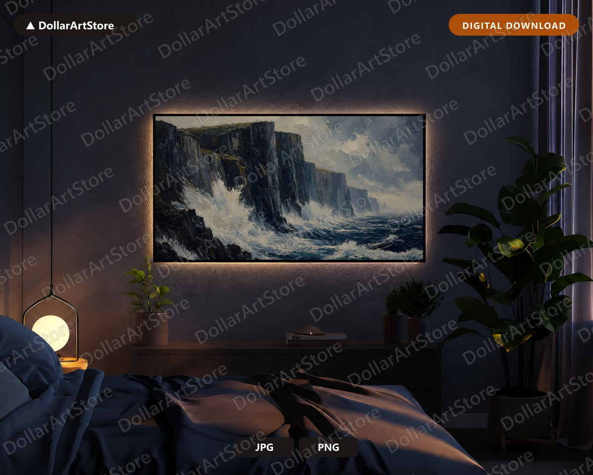 Moody Coastal Cliffs Frame TV Art, Samsung Frame TV Digital Download, 4K Textured Seascape Screensaver