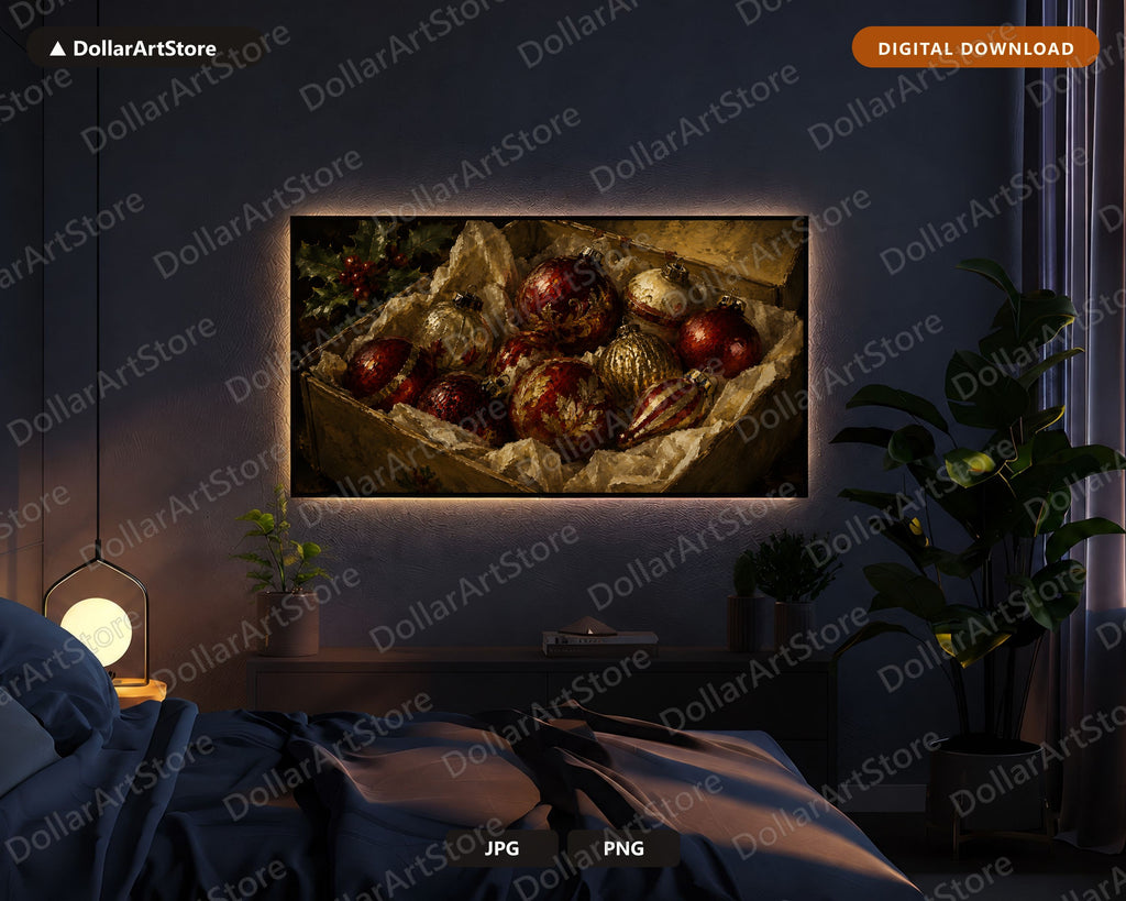 Cozy Christmas Frame TV Art, Red Gold Ornaments Rustic Holiday Screensaver, 4K Samsung Frame TV Digital Download