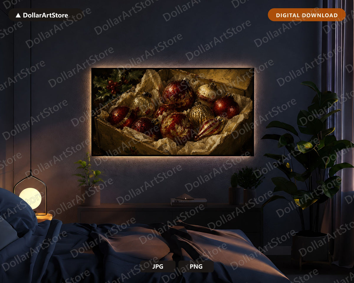 Cozy Christmas Frame TV Art, Red Gold Ornaments Rustic Holiday Screensaver, 4K Samsung Frame TV Digital Download