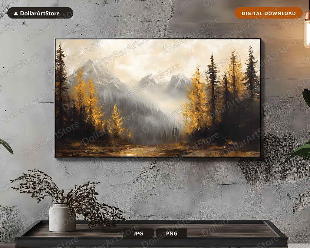 Moody Autumn Landscape Frame TV Art, Misty Mountains Golden Larch, Samsung TV Digital Download 4K