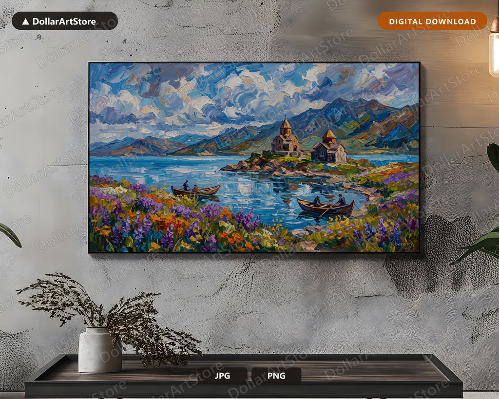 Cozy Mountain Lake Sevan Armenia Frame TV Art, Samsung Frame TV , 4K Textured Landscape