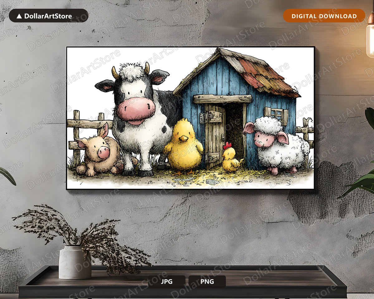 Cute Farm Animals Frame TV Art, Samsung Frame TV Digital Download, 4K Barn Scene