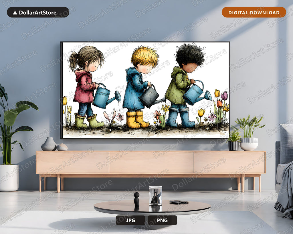 Cute Kids Gardening Frame TV Art, Samsung Frame TV Digital Download, Whimsical 4K TV Screensaver