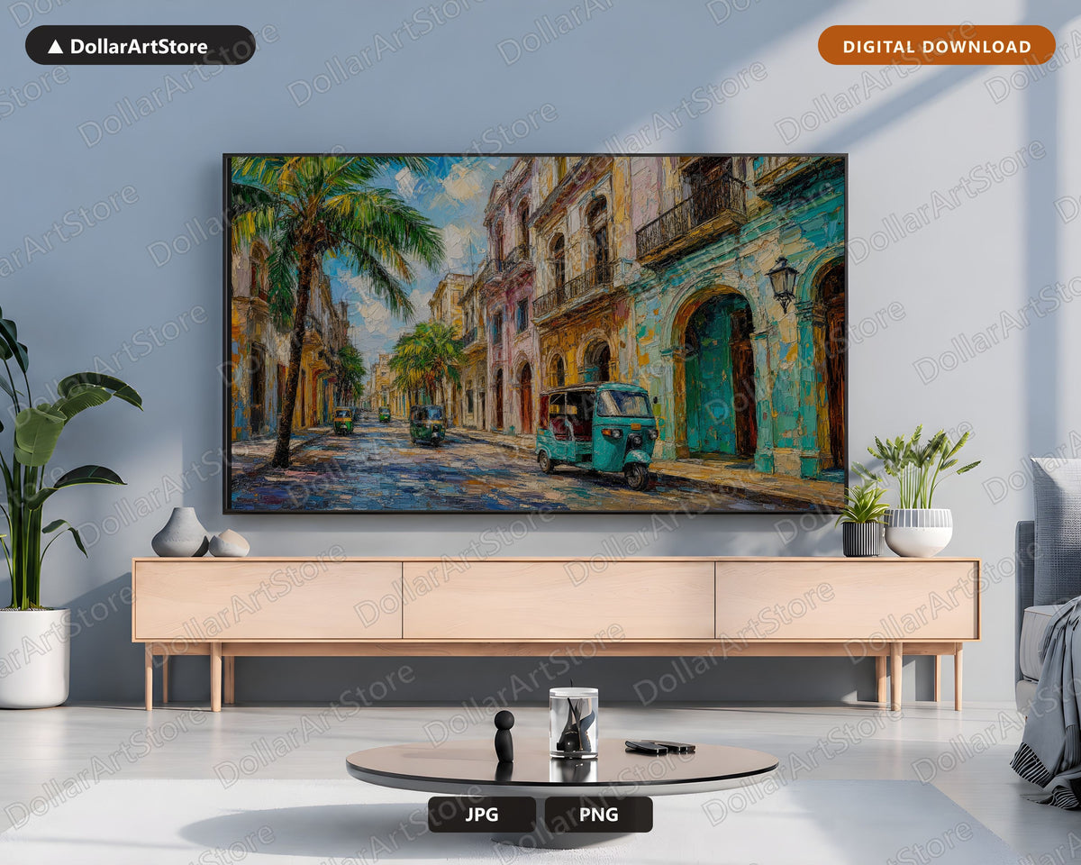 Cozy Tropical Frame TV Art, Samsung Frame TV Digital Download, 4K Colonial Street Scenery