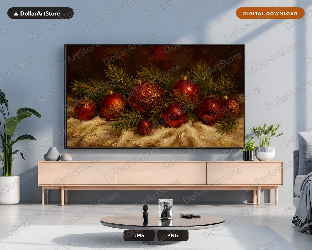 Cozy Holiday Frame TV Art, Red & Gold Christmas Ornaments, Samsung Frame TV 4K Digital Download