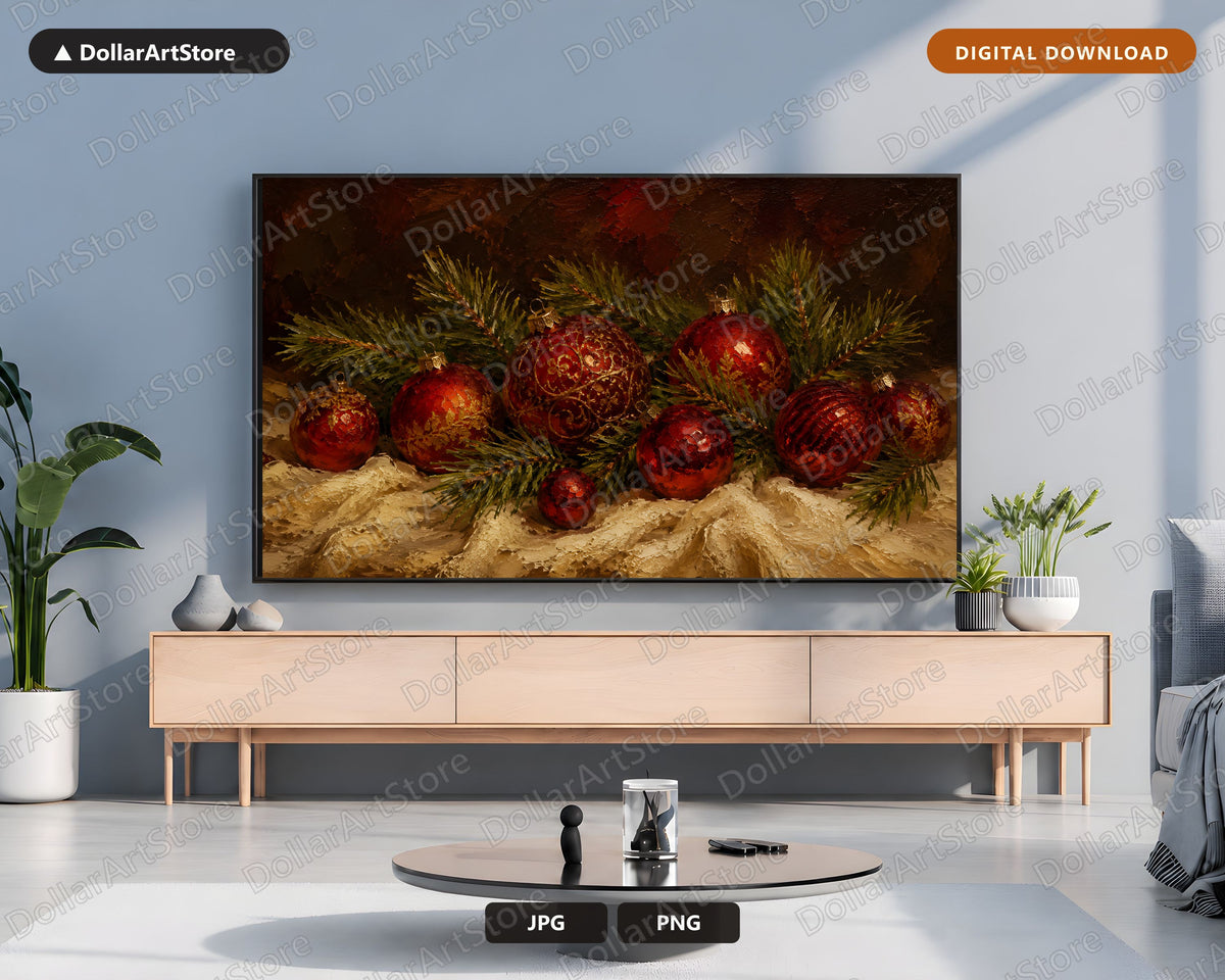 Cozy Holiday Frame TV Art, Red & Gold Christmas Ornaments, Samsung Frame TV 4K Digital Download