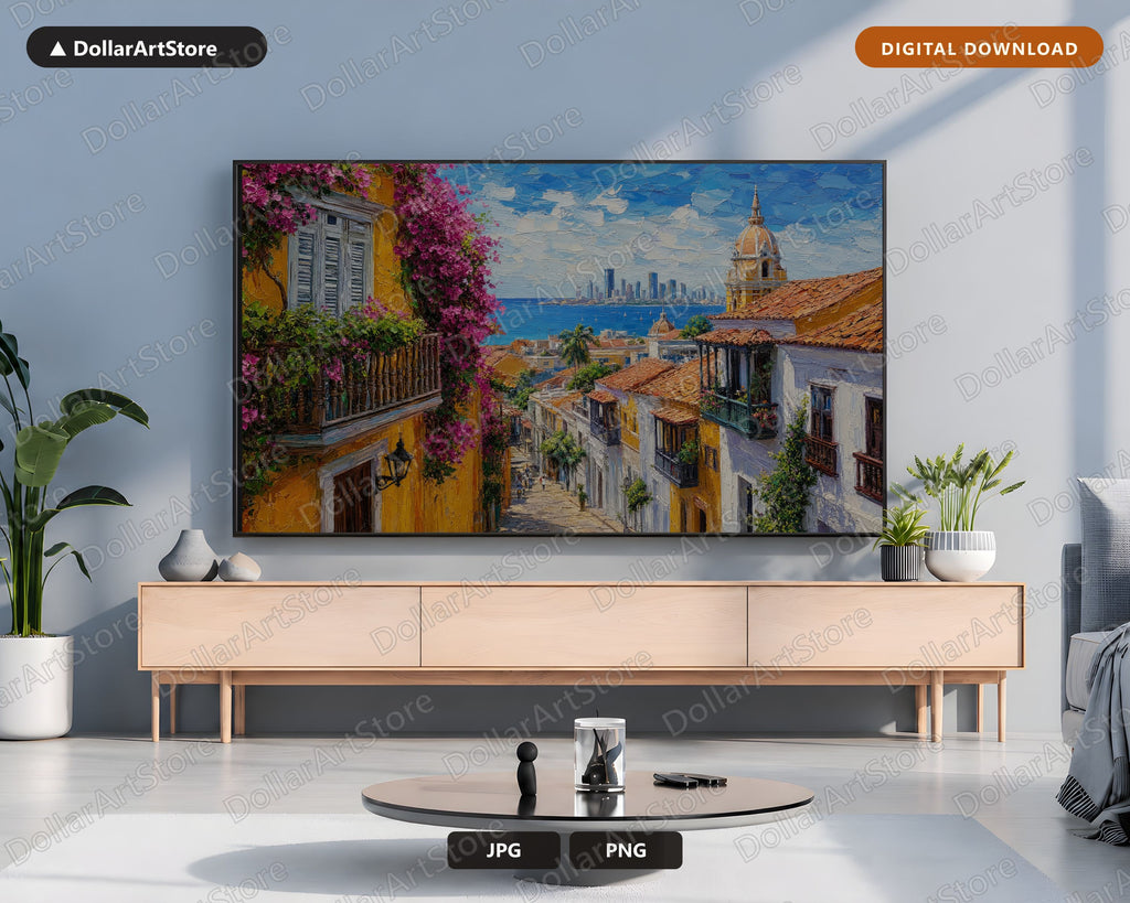 Vibrant Colonial Street Frame TV Art, Samsung Frame TV Digital Download, 4K Textured Coastal Screensaver