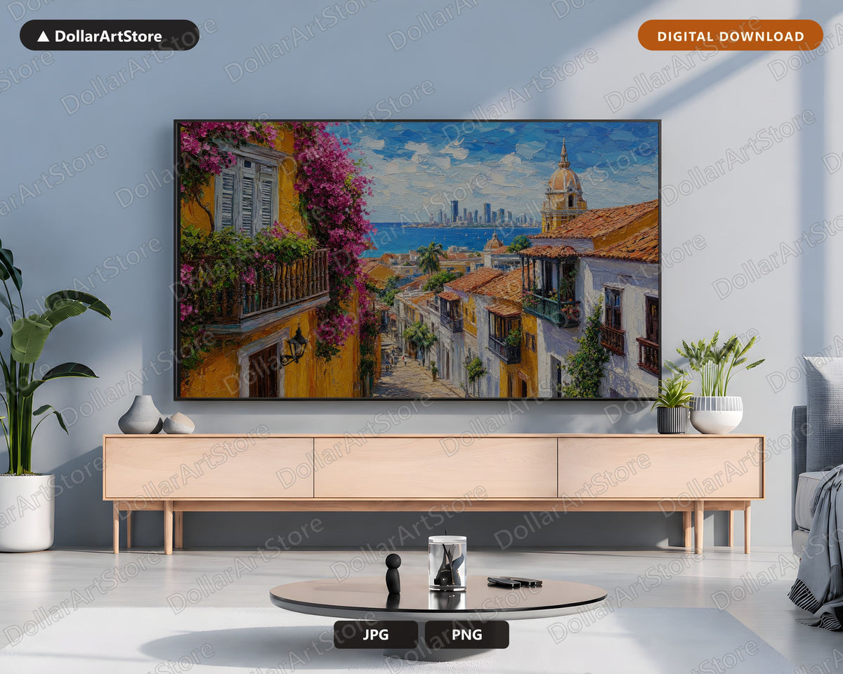 Vibrant Colonial Street Frame TV Art, Samsung Frame TV Digital Download, 4K Textured Coastal Screensaver