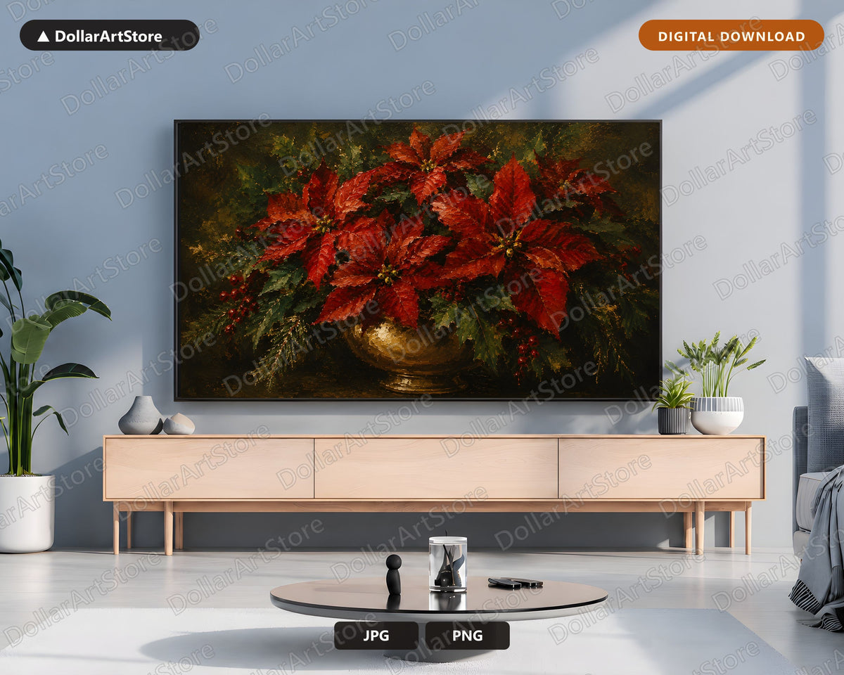 Cozy Holiday Poinsettia Frame TV Art, Samsung Frame TV 4K Digital Download, Textured Christmas Screensaver