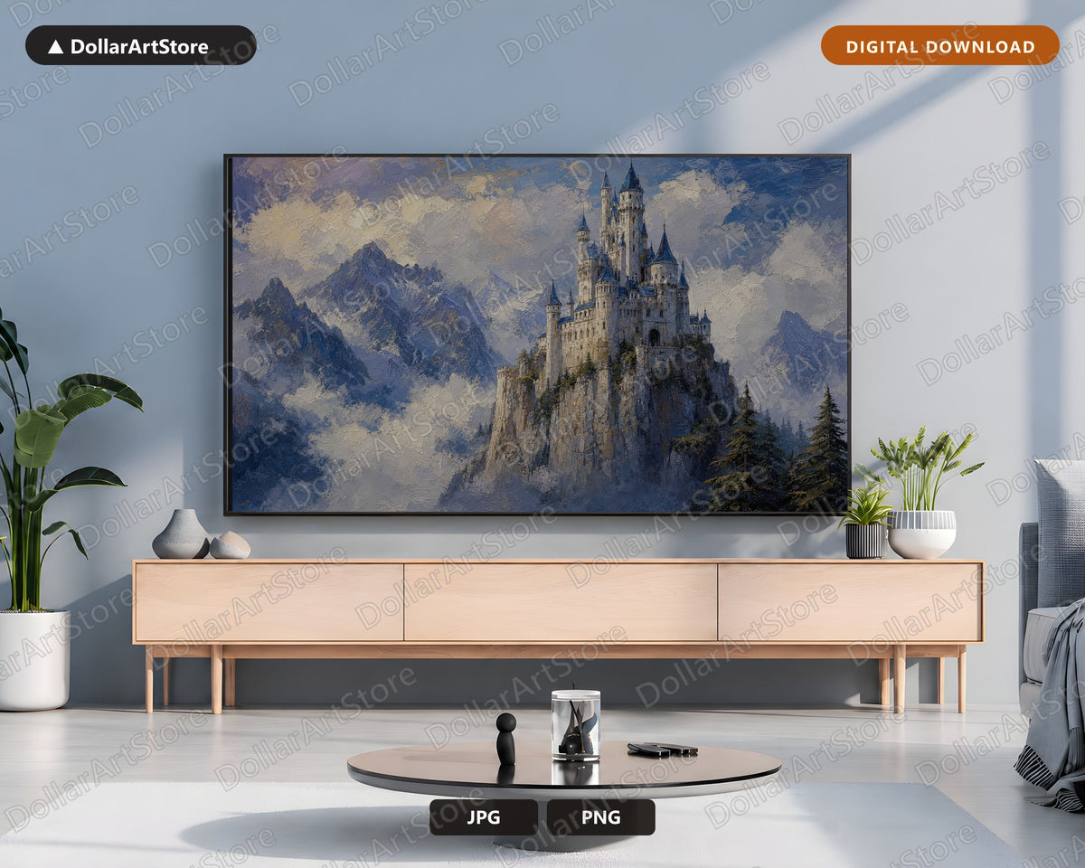 Cozy Castle Landscape Frame TV Art, Samsung Frame TV Digital Download, 4K Textured Mountain Scenery