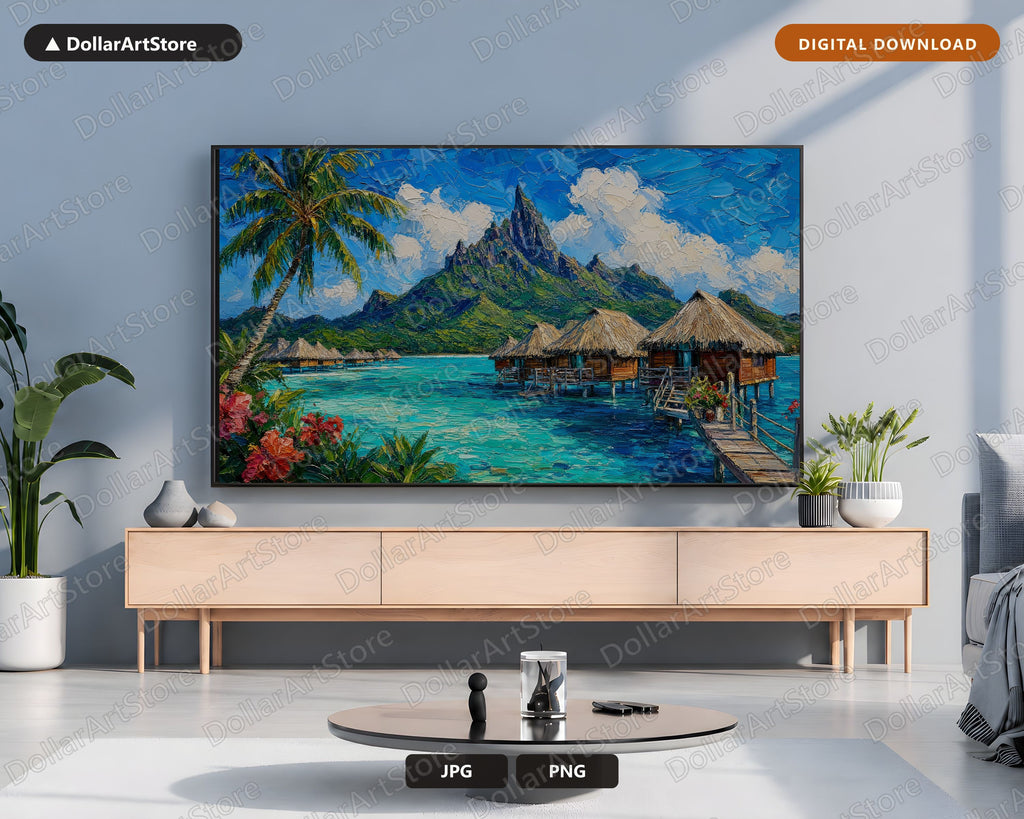 Tropical Overwater Bungalows Frame TV Art, Cozy Island Scenery Samsung TV Download, 4K Landscape Screensaver
