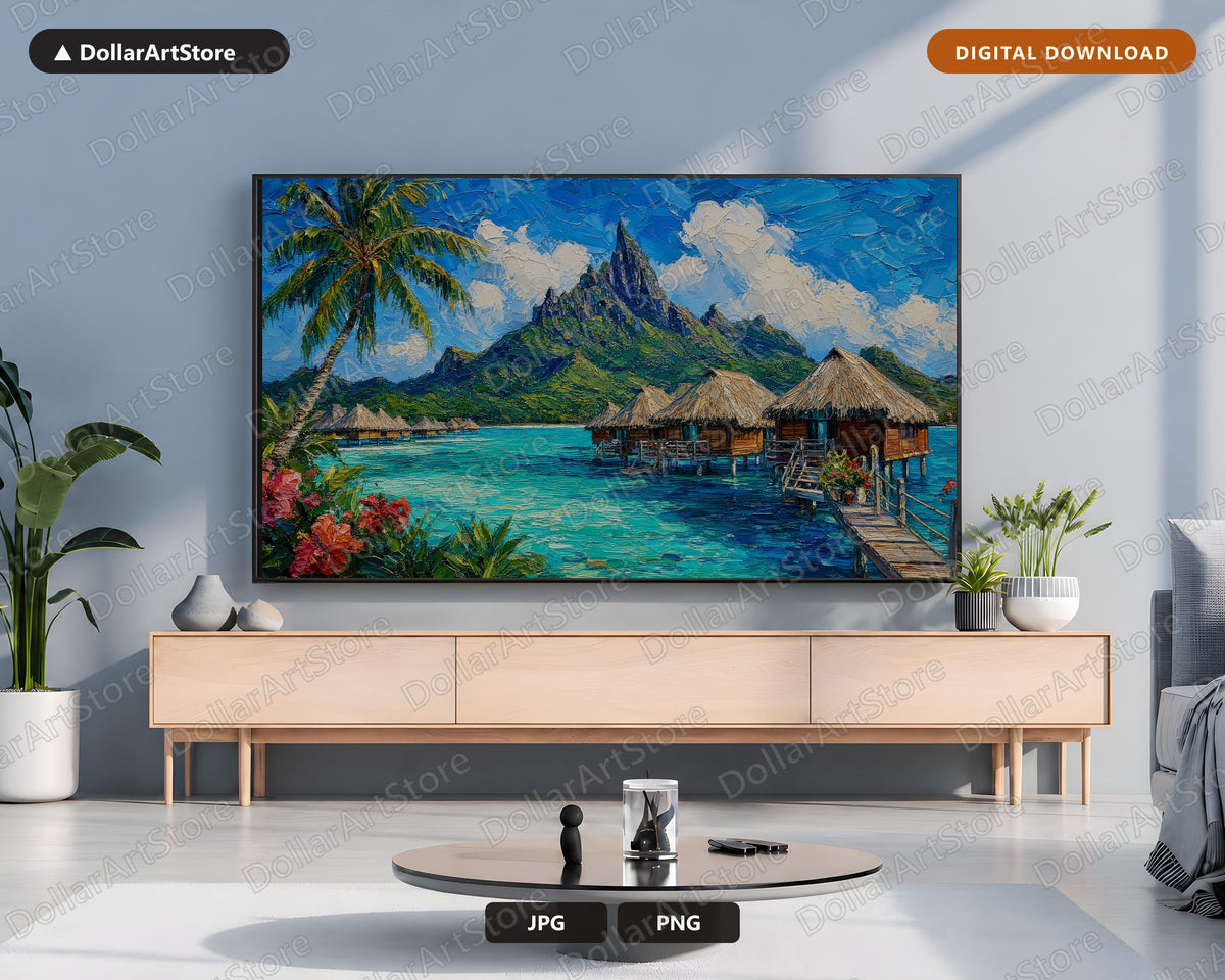 Tropical Overwater Bungalows Frame TV Art, Cozy Island Scenery Samsung TV Download, 4K Landscape Screensaver