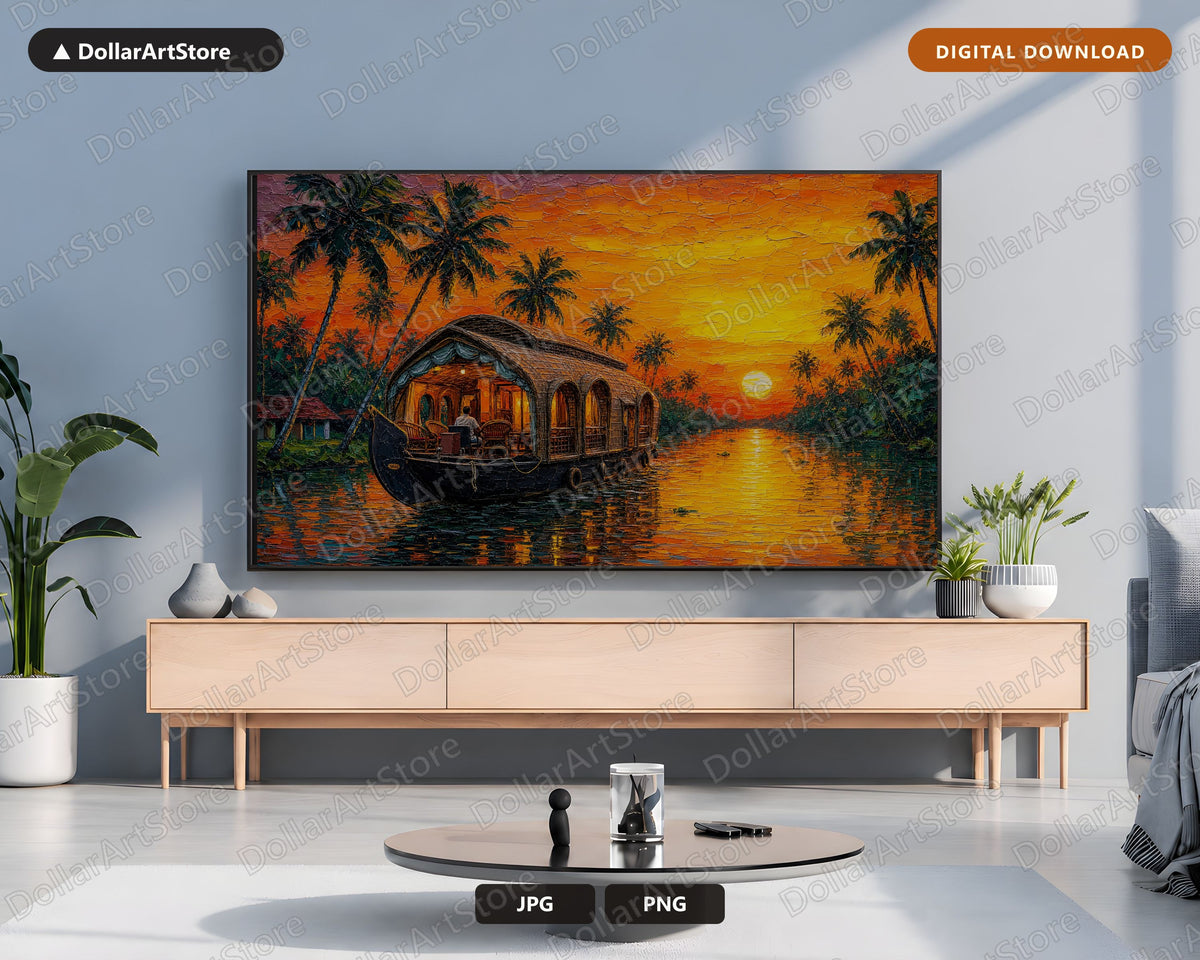 Cozy Tropical Houseboat Frame TV Art, Samsung Frame TV Screensaver, 4K Scenic Sunset Digital Download