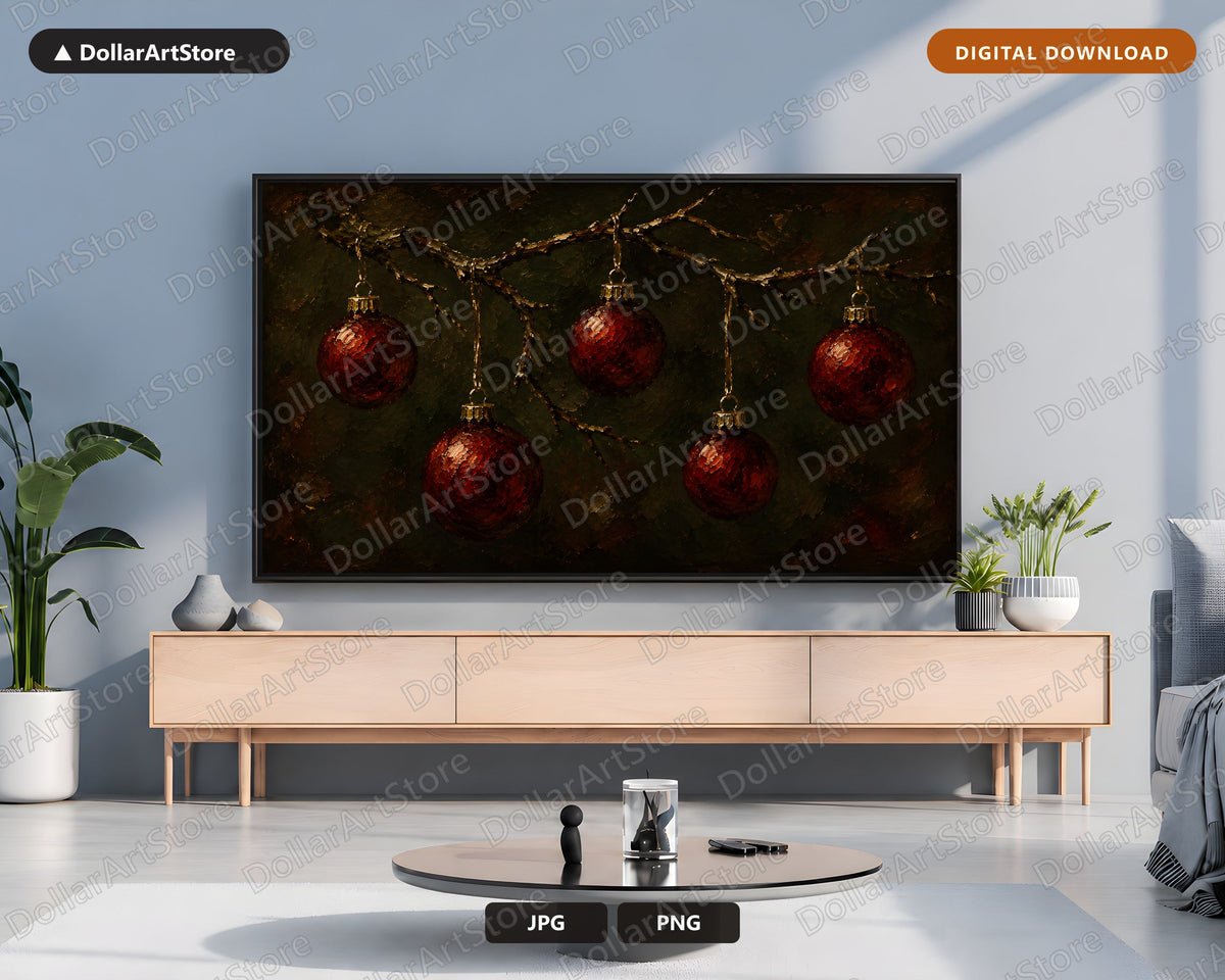 Cozy Holiday Frame TV Art, Red Ornaments Christmas Samsung Frame TV Digital Download 4K