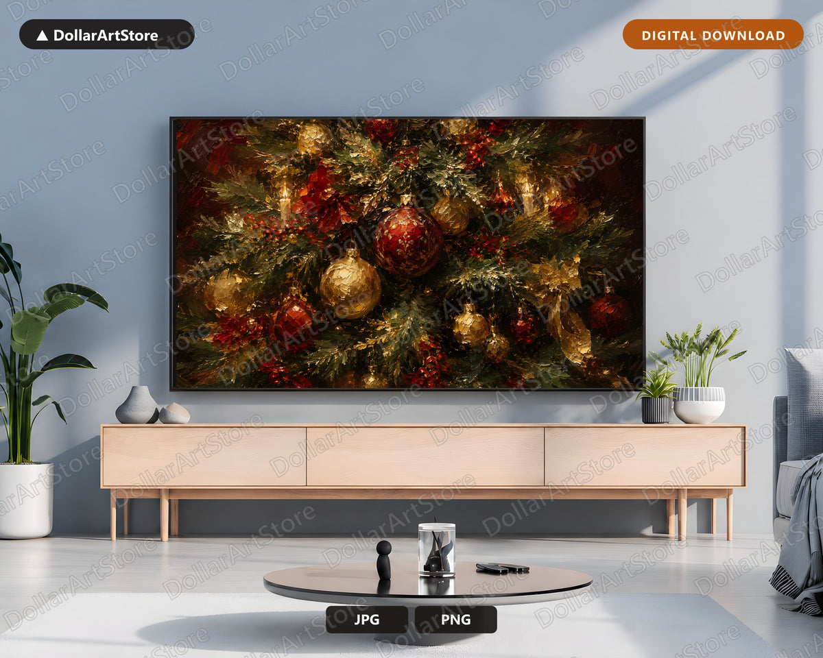 Cozy Holiday Samsung Frame TV Art, Red Gold Green Evergreen Christmas Garland