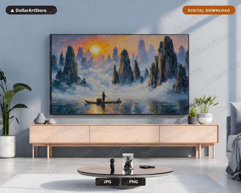 Cozy Winter Mountain Landscape Frame TV Art, Samsung TV Digital Download, 4K Scenic Textured Art