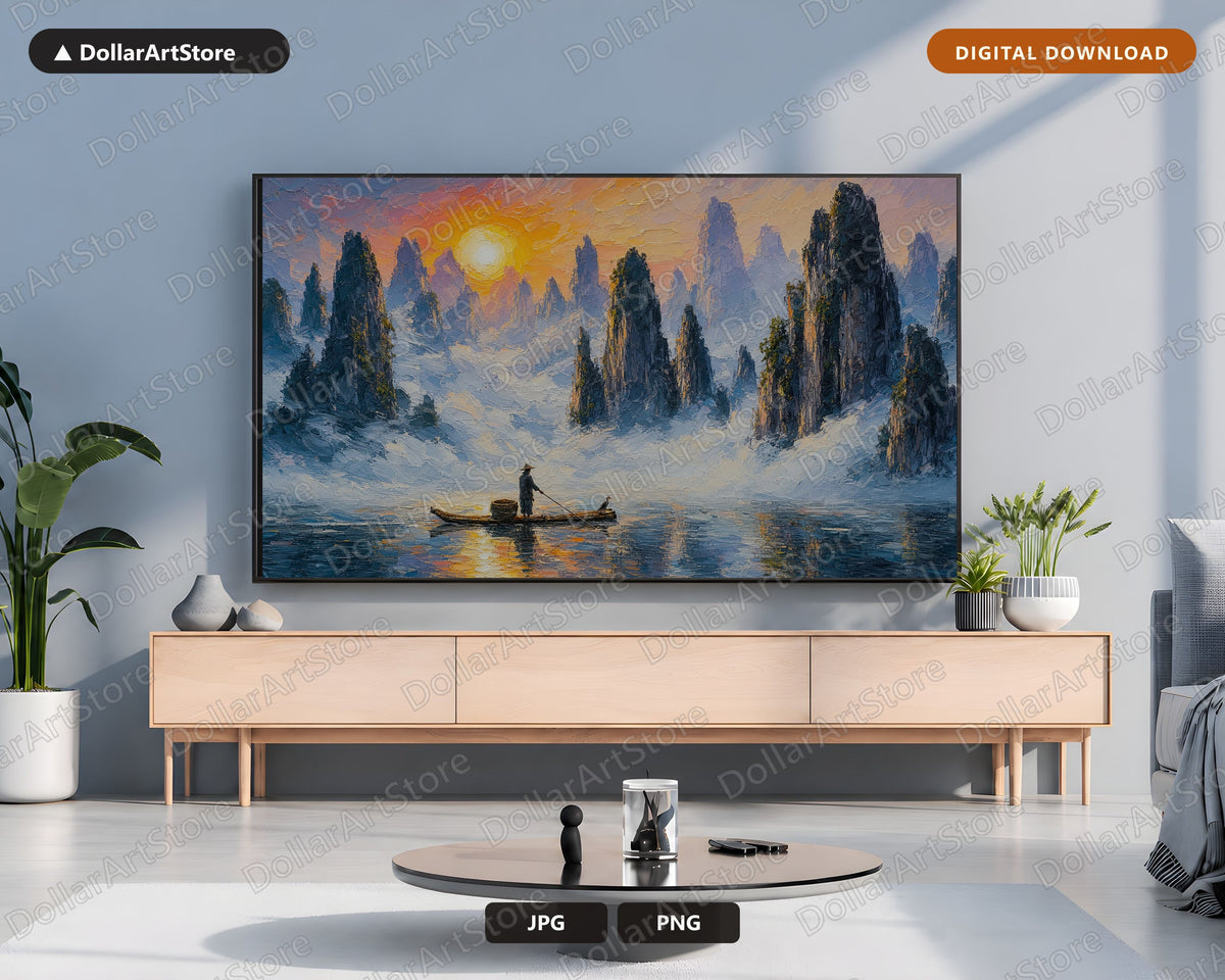 Cozy Winter Mountain Landscape Frame TV Art, Samsung TV Digital Download, 4K Scenic Textured Art