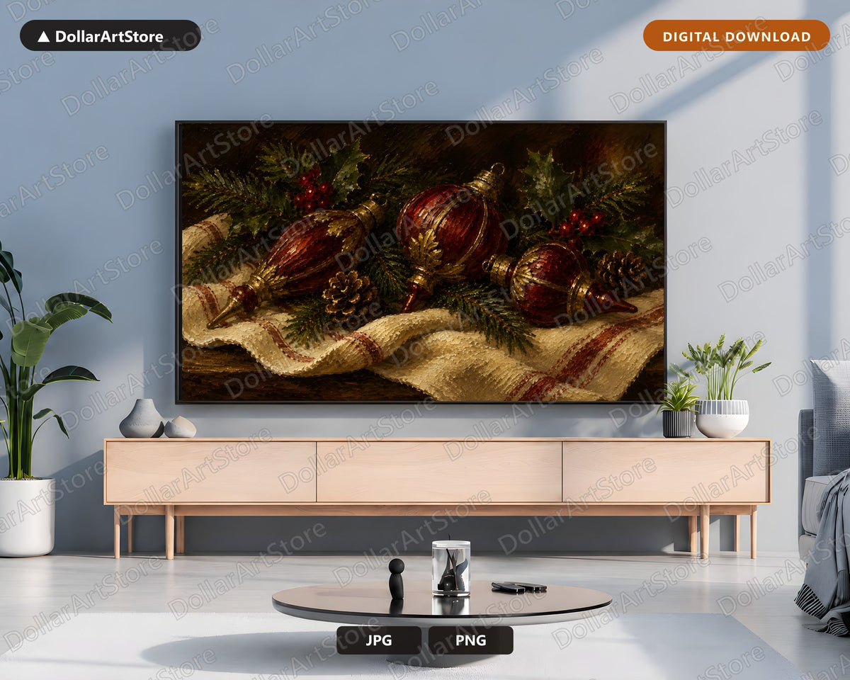 Cozy Christmas Frame TV Art, Red Gold Ornaments Samsung Frame Digital Download 4K