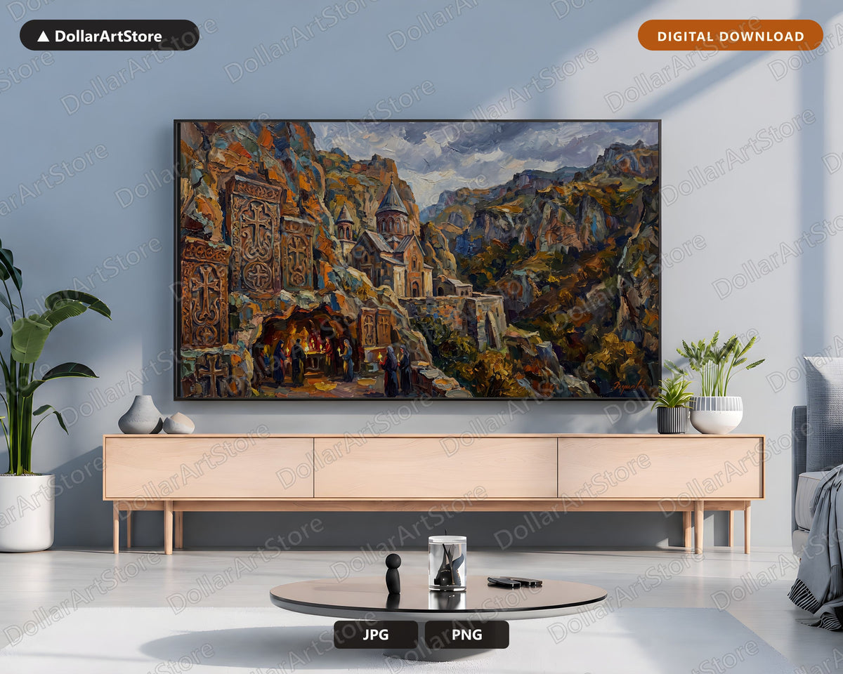 Cozy Monastery Frame TV Art, Armenian Cave Church Landscape, Samsung Frame TV Digital Download, 4K Textured Scenery Art