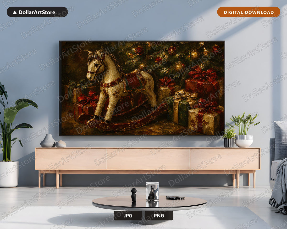 Cozy Holiday Frame TV Art, Rocking Horse Christmas Screensaver, Samsung Frame TV 4K Digital Download