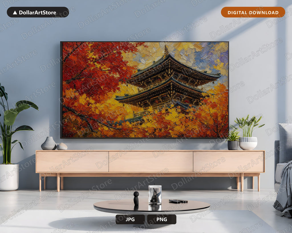 Cozy Autumn Frame TV Art, East Asian Temple Samsung Frame Digital Download, 4K Textured Scenery