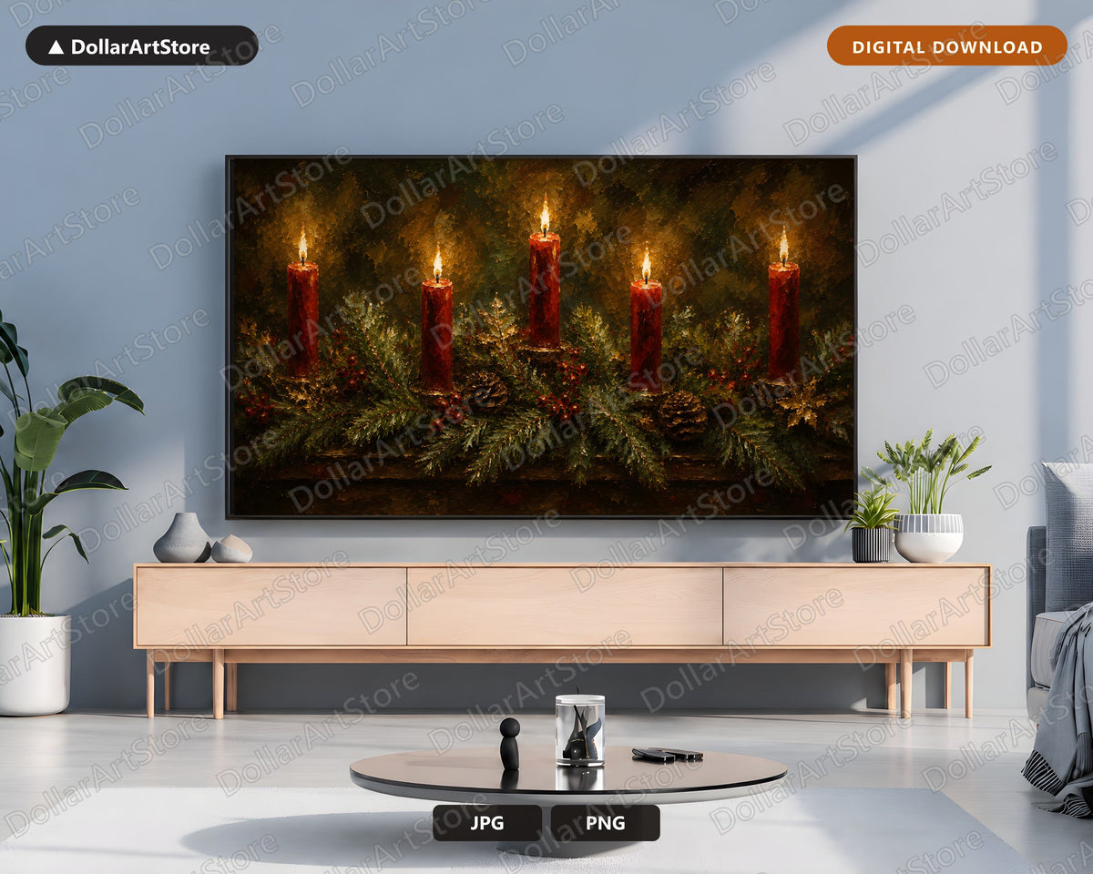 Cozy Holiday Frame TV Art, Christmas Candles Samsung Frame TV Digital Download, 4K Textured Festive Screensaver