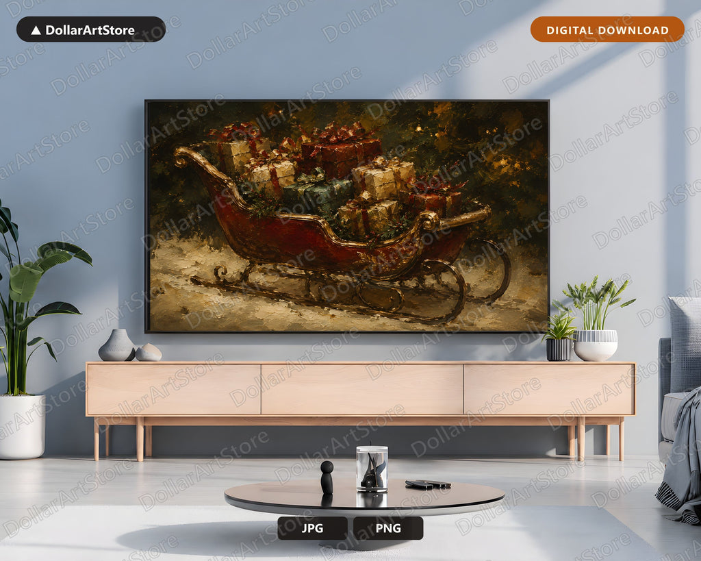 Cozy Holiday Frame TV Art, Christmas Sleigh Samsung Frame TV Digital Download 4K