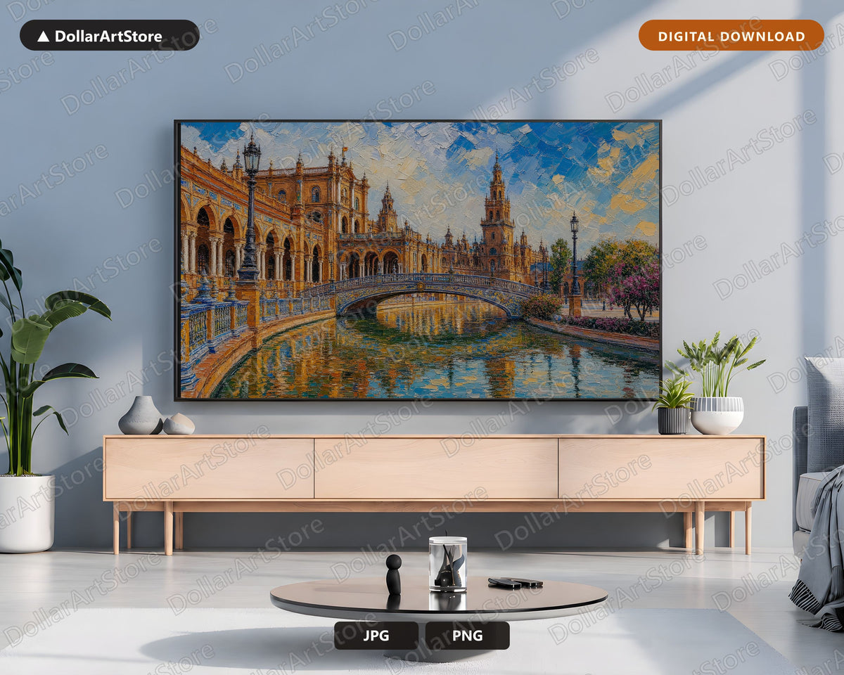 Cozy European Plaza de Espana Palace Frame TV Art of Famous Spanish Landmark
