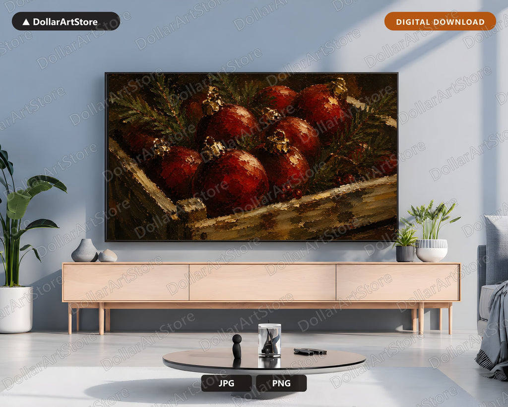 Cozy Holiday Frame TV Art, Red Ornaments Rustic Farmhouse 