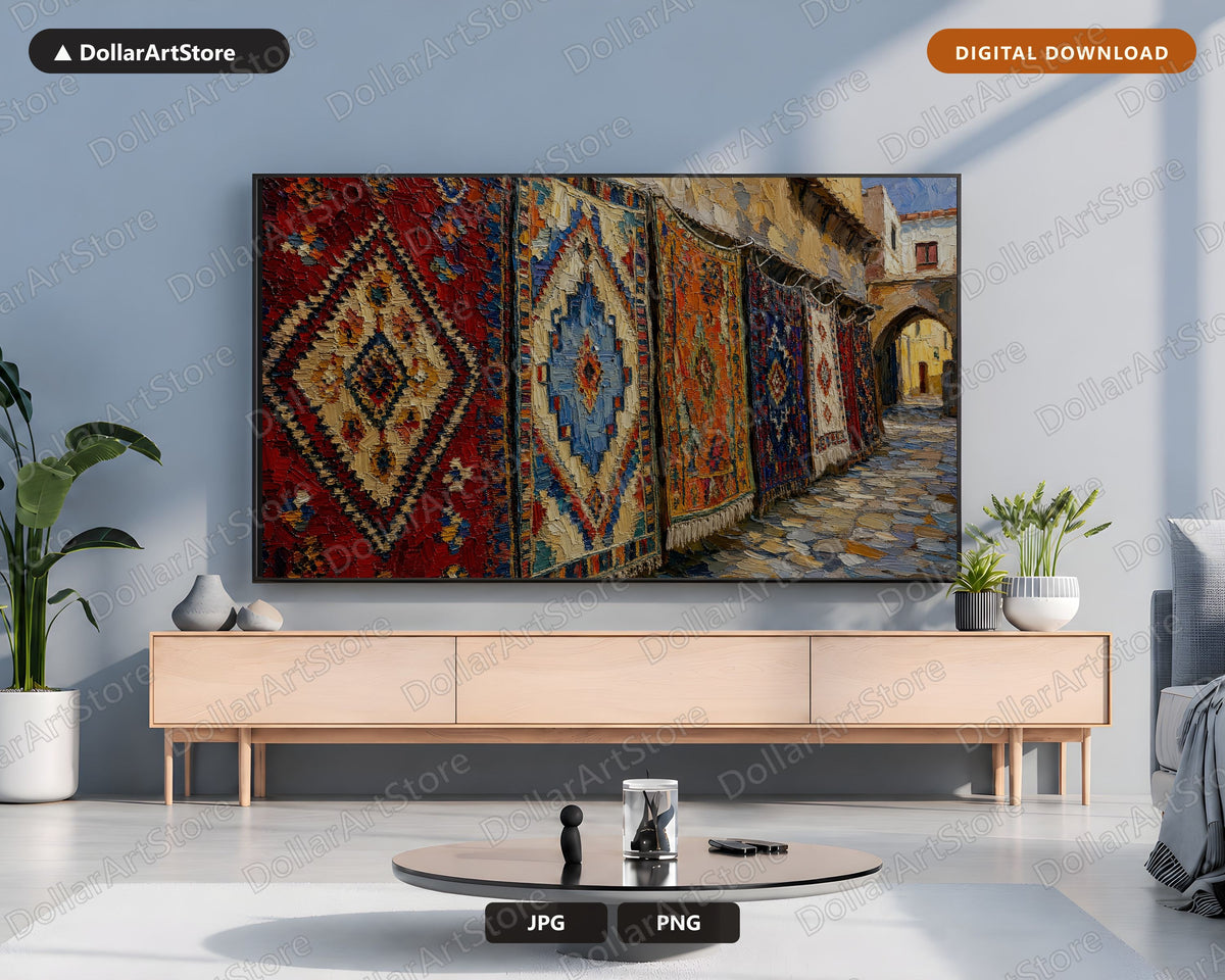 Cozy North African Textured Frame TV Art, Samsung Frame TV Digital Download, Moroccan Rug Market Screensaver 4K