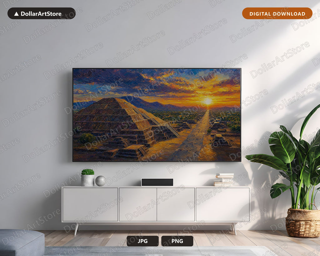 Cozy Textured Landscape Frame TV Art, Sunset Pyramids Samsung TV Digital Download, 4K Scenery Screensaver