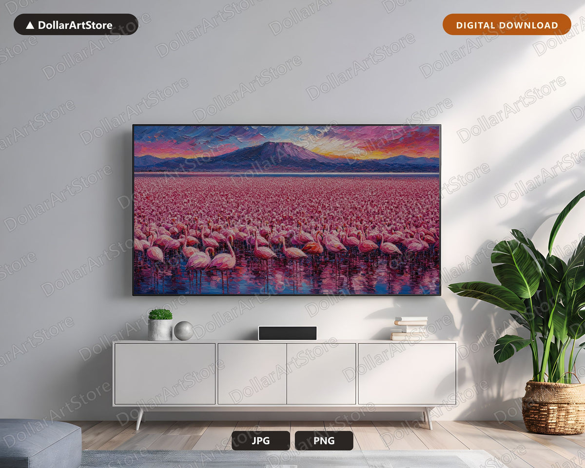 Textured Flamingo Landscape Frame TV Art, Samsung 4K TV Digital Download, Scenic Volcano Screensaver Art
