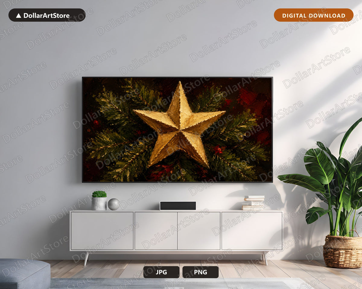 Cozy Christmas Frame TV Art, Gold Star & Evergreen, Samsung TV Digital Download 4K
