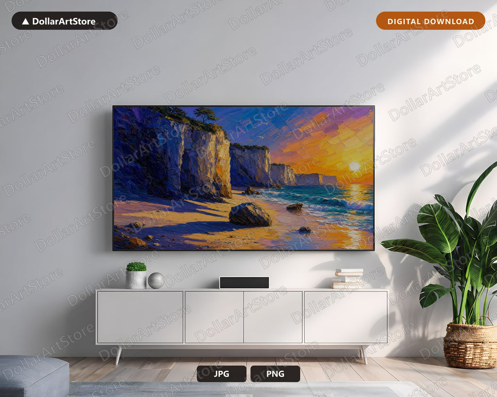 Cozy Coastal Cliffs Frame TV Art, Sunset Scenery Samsung Frame TV Download 4K