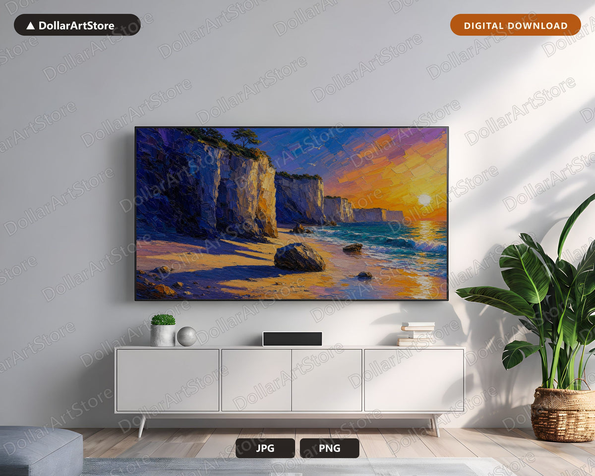 Cozy Coastal Cliffs Frame TV Art, Sunset Scenery Samsung Frame TV Download 4K