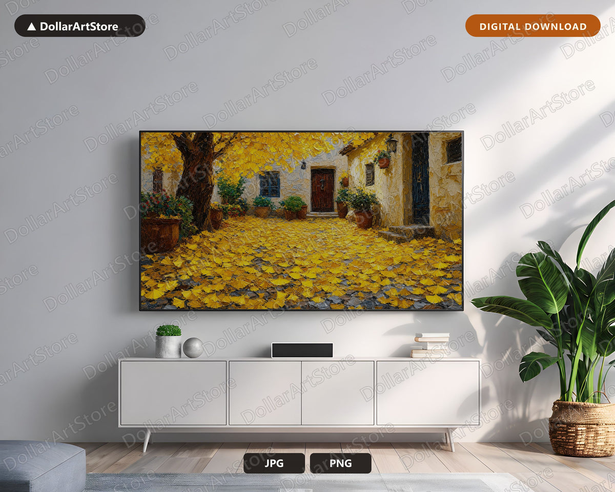 Cozy Autumn Courtyard Frame TV Art, Samsung Frame TV Digital Download, 4K Textured Scenery
