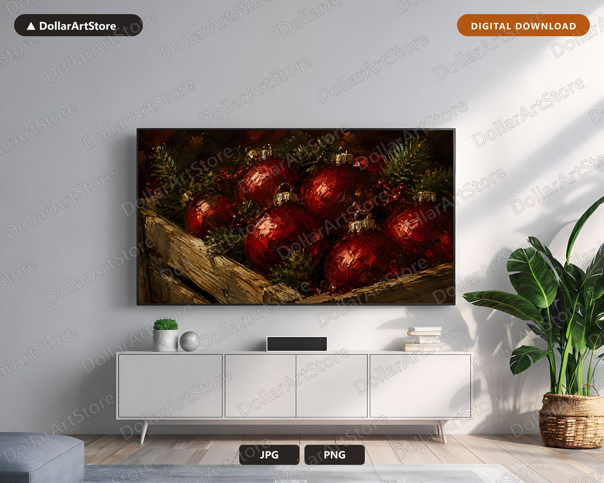 Cozy Holiday Frame TV Art, Red Christmas Ornaments 4K Samsung TV Screensaver