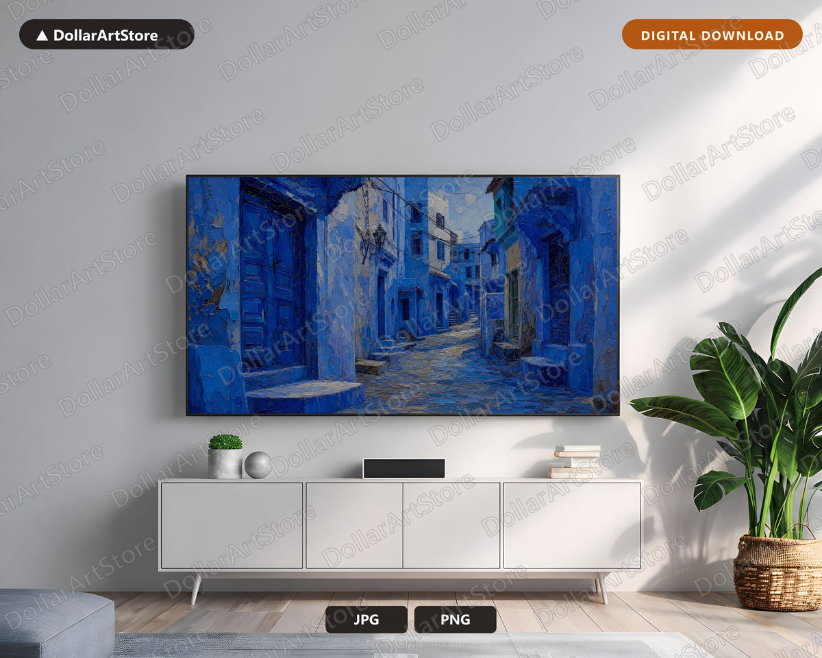 Textured Blue Street Scenery Frame TV Art, Samsung Frame TV Digital Download, 4K Architectural Art