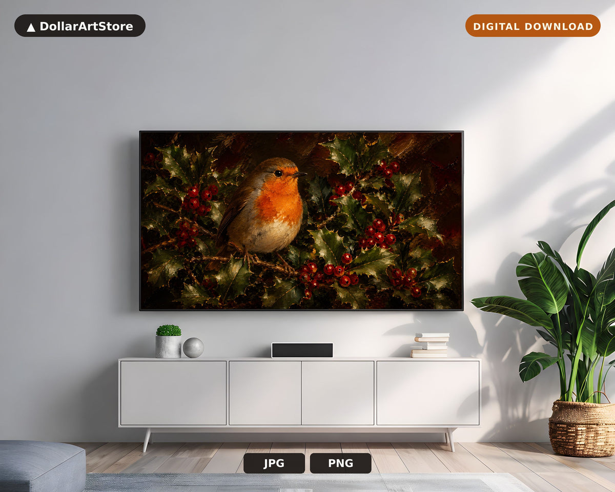 Cozy Robin Frame TV Art, Samsung Frame TV Digital Download, 4K Textured Holiday Screensaver